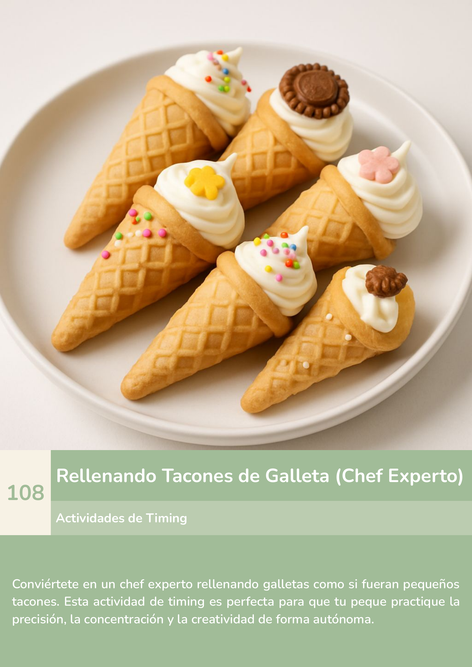 Torre de aprendizaje Montessori, actividad rellenando tacones de galleta (chef experto).