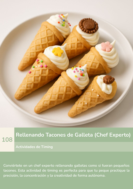 Torre de aprendizaje Montessori, actividad rellenando tacones de galleta (chef experto).