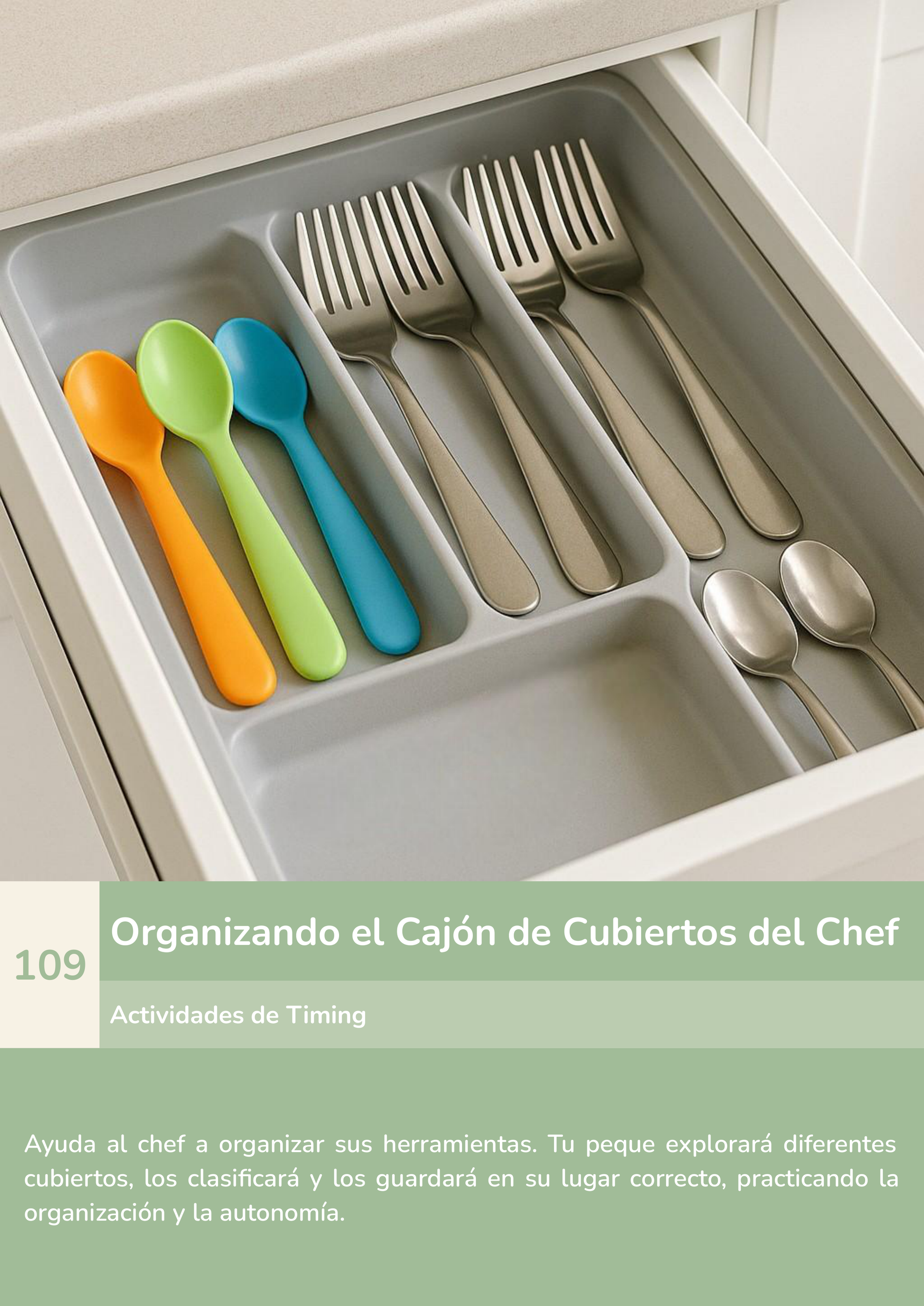 Torre de aprendizaje Montessori, actividad organizando el cajón de cubiertos del chef.