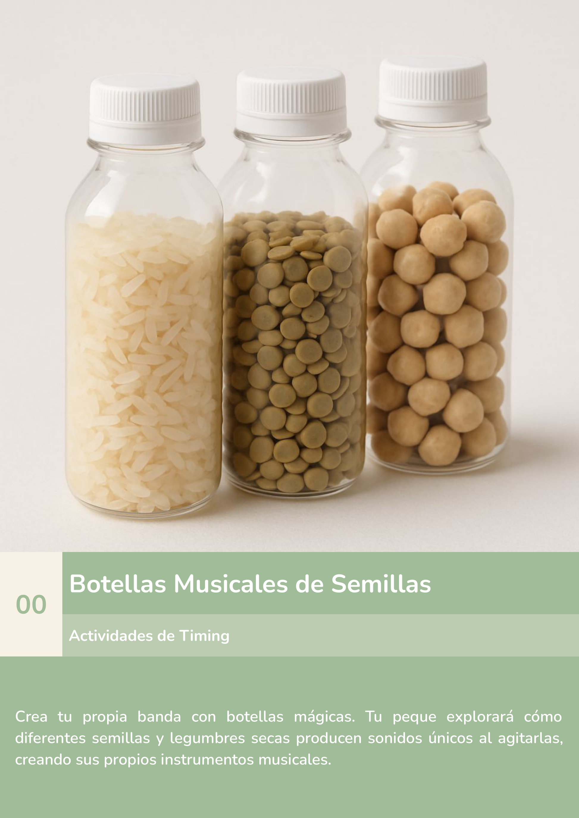 Torre de aprendizaje Montessori, actividad botellas musicales de semillas.