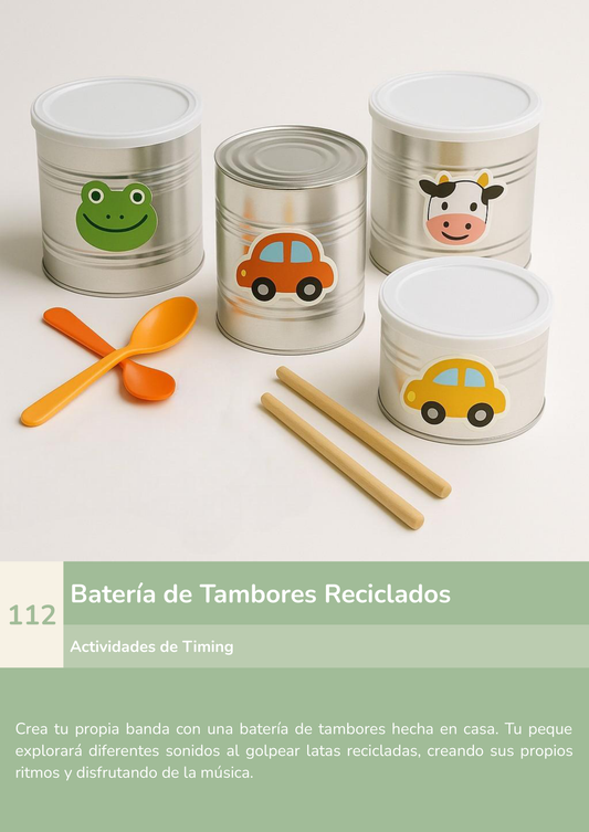 Torre de aprendizaje Montessori, actividad batería de tambores reciclados.
