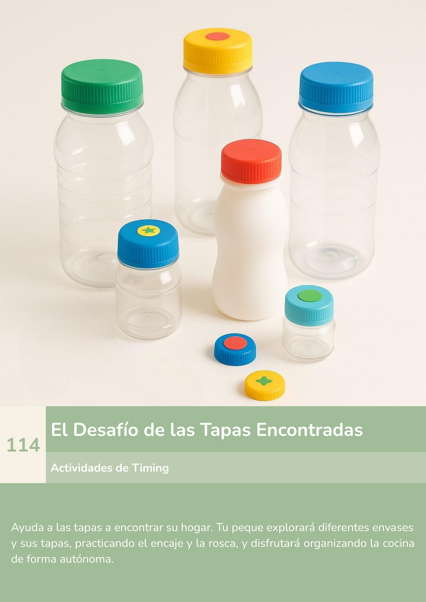Torre de aprendizaje Montessori, actividad el desafío de las tapas encontradas.