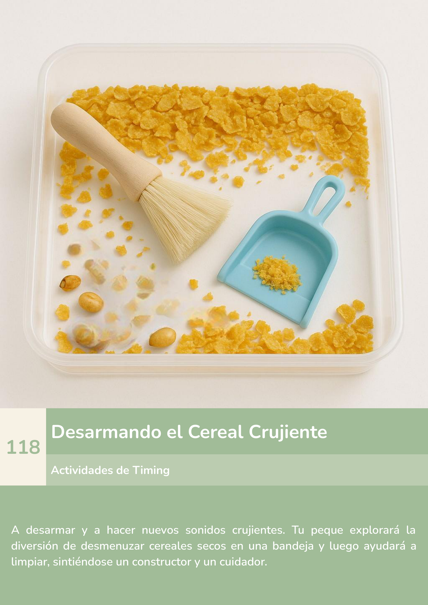 Torre de aprendizaje Montessori, actividad desarmando el cereal crujiente.