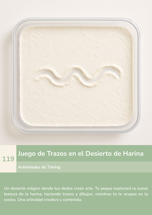Torre de aprendizaje Montessori, actividad juego de trazos en el desierto de harina.