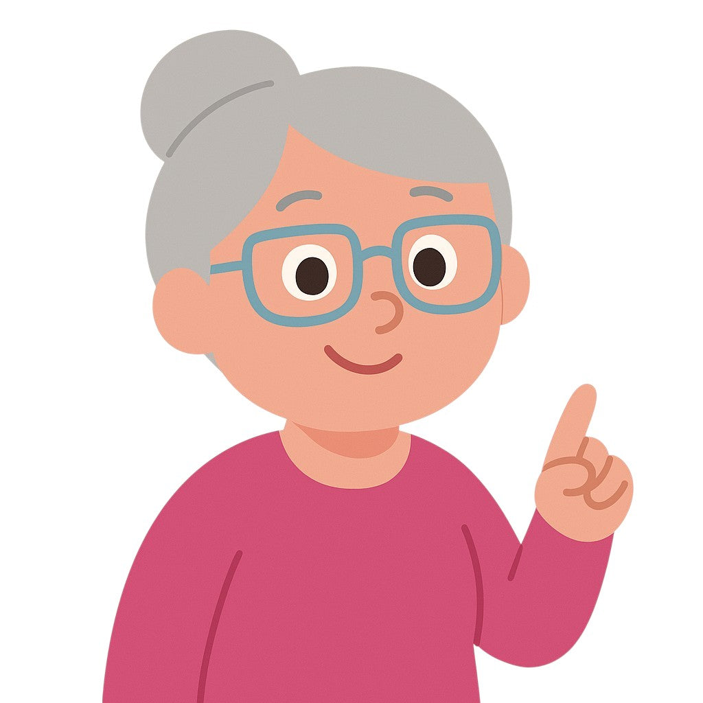 Ilustración de mujer mayor con gafas y moño, levantando el dedo índice como si diera una explicación o consejo.