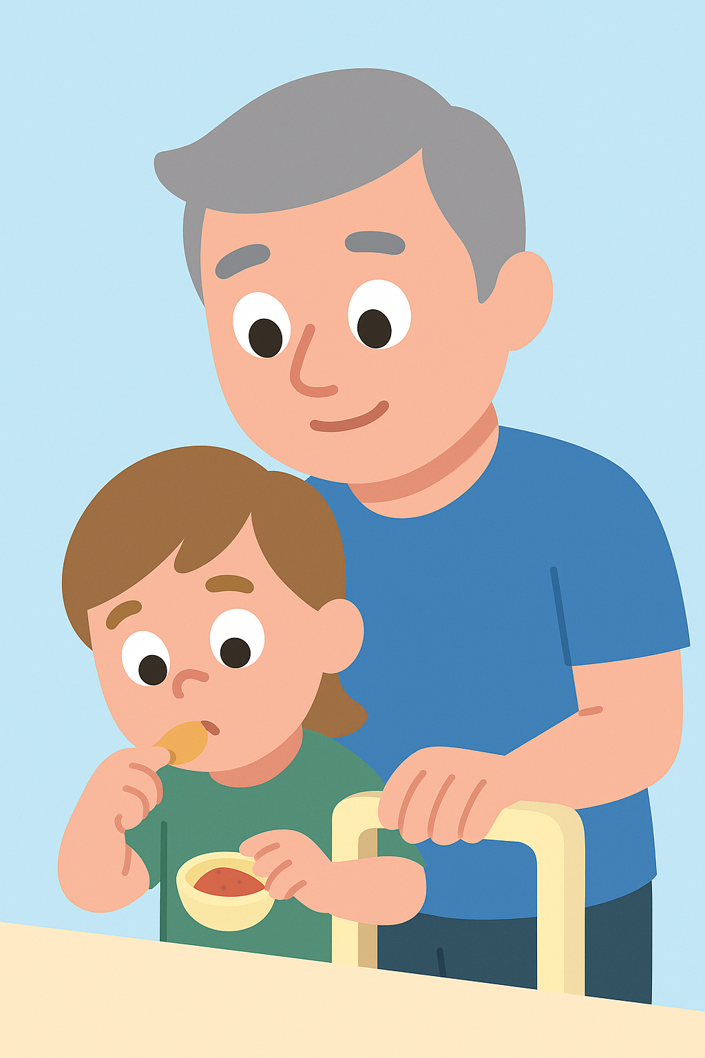 Ilustración de adulto y niño cocinando juntos, MiniBook  ZALU para 3.5 a 6 años.
