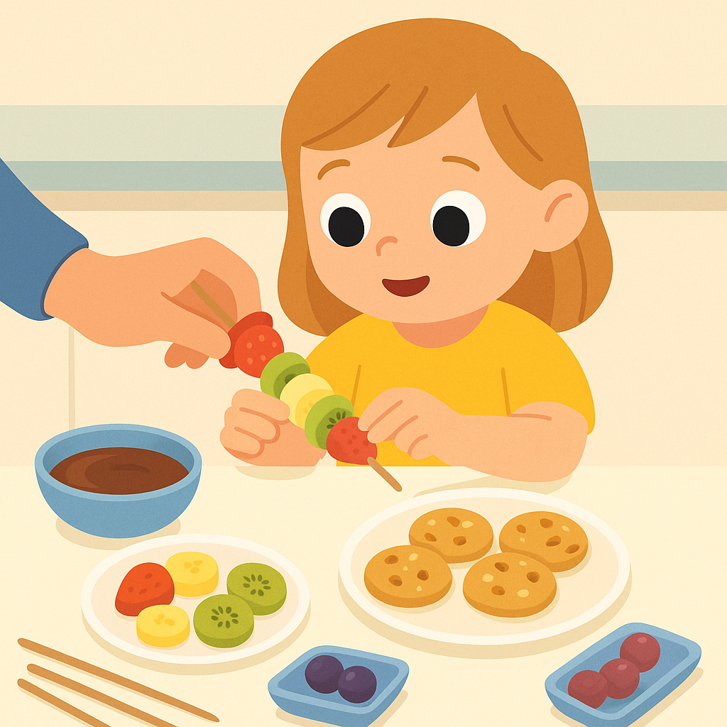 Ilustración de niña preparando brocheta de frutas con ayuda de adulto, MiniBook ZALU para 2 a 3.5 años.