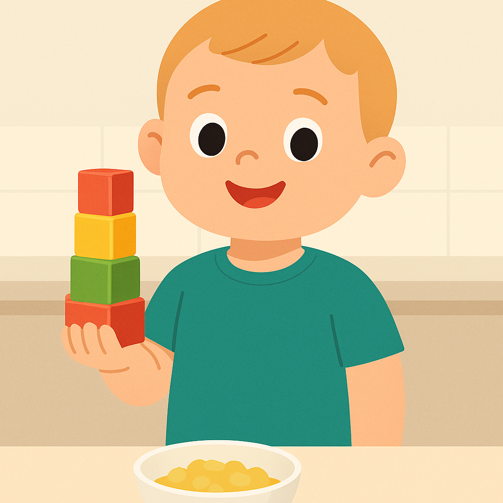 Niño pequeño apilando cubos de colores en la mesa como parte de una actividad de habilidades manuales ZALU+.