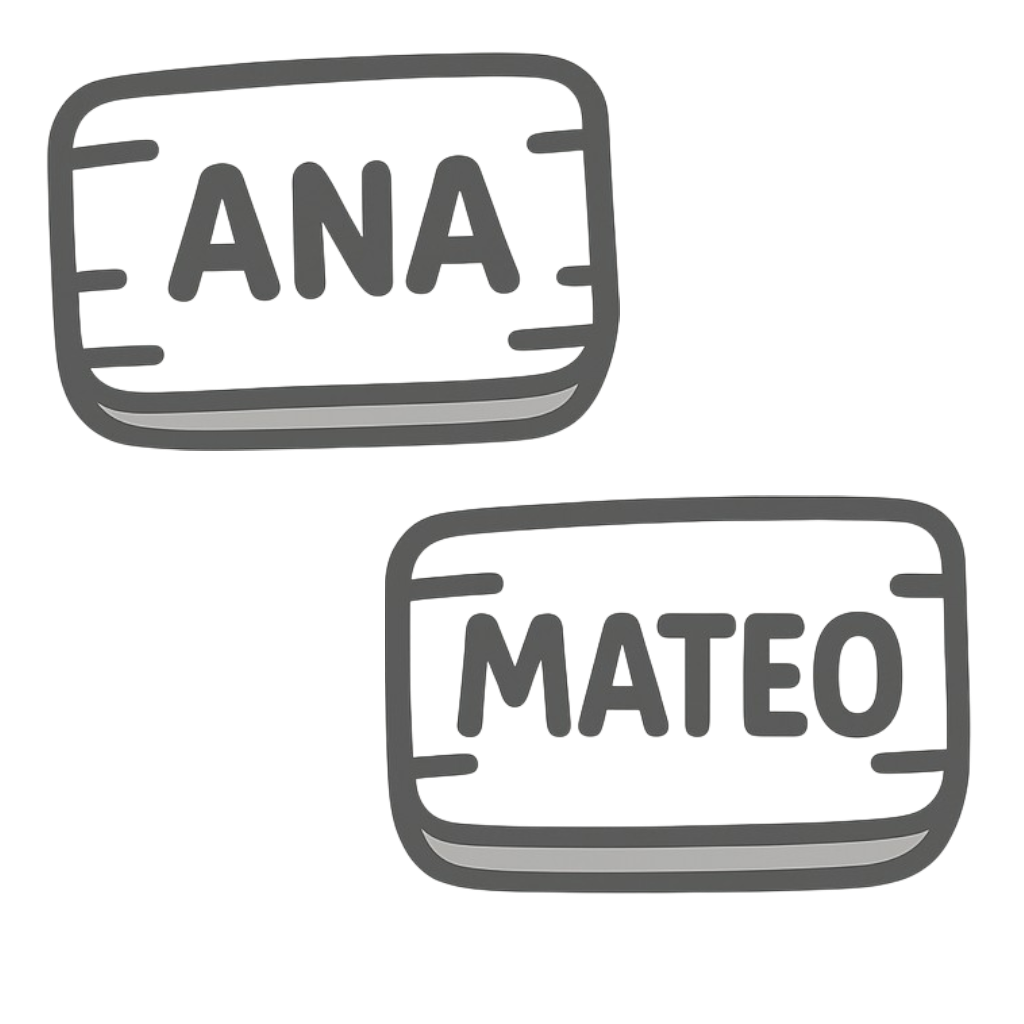 Icono de placas con nombres Ana y Mateo, torre de aprendizaje personalizada Zalu.