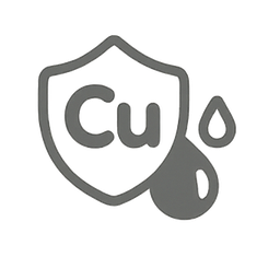 Icono de escudo con gotas y símbolo Cu, protección antivirus y antibacterias en torre Zalu