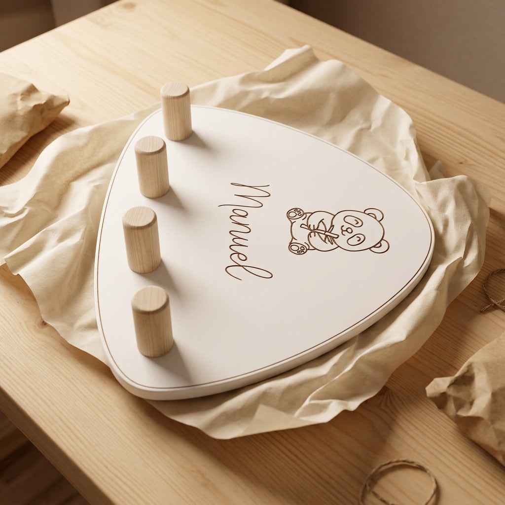 vista de un perchero de diseño sobre lamesa recien abierto el paquete, marca zalu con grabado personalizado
